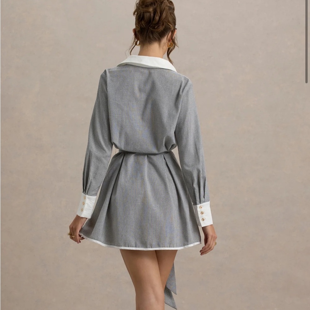 Club L BEATRIZ Grey Linen Pinstripe Mini Shirt Dress Long Sleeves Belted Sz 2 - Picture 4 of 15